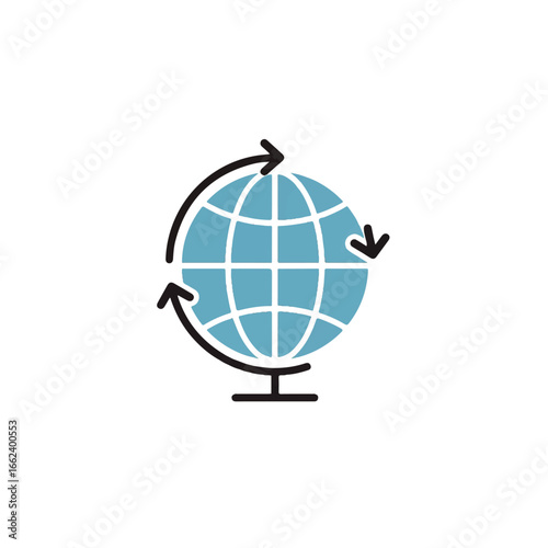 Minimalist blue globe icon on a stand with white grid lines and three black arrows indicating global rotation.