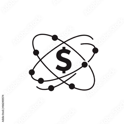 Minimalist financial technology icon with a dollar sign at the core of an atomic network structure.