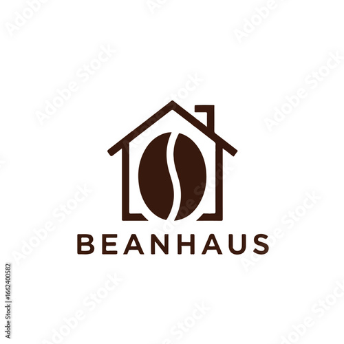 Minimalist brown coffee house logo with a bean inside a house outline and the word BEANHAUS.