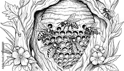  Detailed hand-drawn vector illustration sketch of bees exploring honeycomb structures in a natural setting silohuette