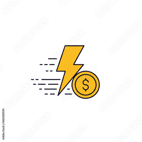 Minimalist icon of a yellow lightning bolt and dollar coin symbolizing fast transactions.