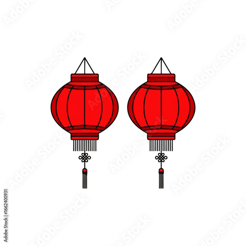 Pair of illustrated red Chinese lanterns with black outlines decorative knots and hanging tassels.