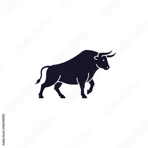 Powerful dark bull silhouette in a walking pose a minimalist icon with simple line art details.