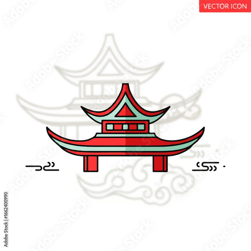 Red and blue Asian pagoda icon with traditional curved roof architecture and black outline.