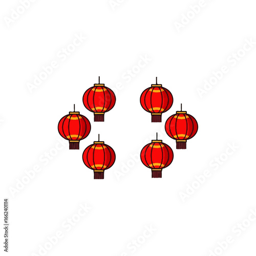 Set of six illustrated red and gold Chinese lanterns with tassels arranged in a circular pattern.