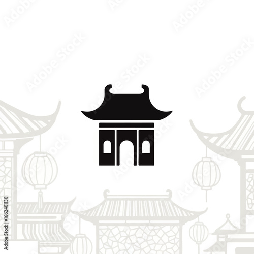 Solid black icon of a traditional Asian temple with a distinctive curved roof and arched doorways.