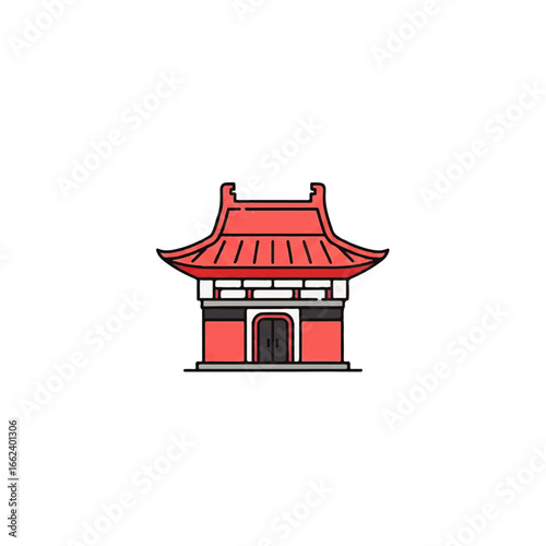 Stylized illustration of a traditional Asian temple with a red curved roof and black outline.