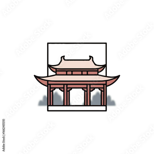 Stylized illustration of a pink Asian pagoda with a traditional curved twotiered roof and open structure.