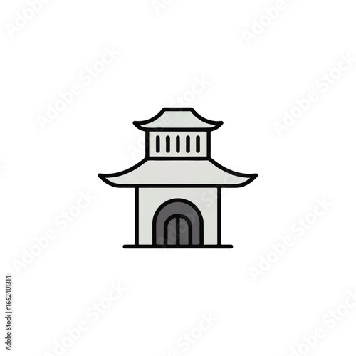 Stylized grey Asian pagoda icon with a curved tiered roof and a prominent arched doorway.
