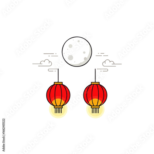 Stylized illustration of two glowing red Chinese lanterns hanging under a full moon with simple line art clouds.
