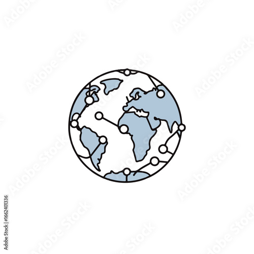 Stylized light blue Earth globe with an interconnected global network of nodes and lines.