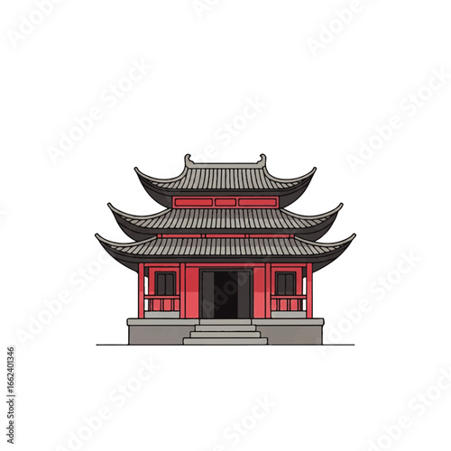 Stylized Red Chinese Temple with a ThreeTiered Gray Tiled Roof.