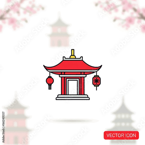 Stylized red Chinese pagoda gate icon with a curved roof and two traditional hanging paper lanterns.