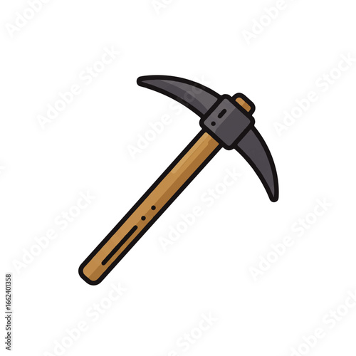 Stylized pickaxe illustration with a grey metal head and a light brown wooden handle.