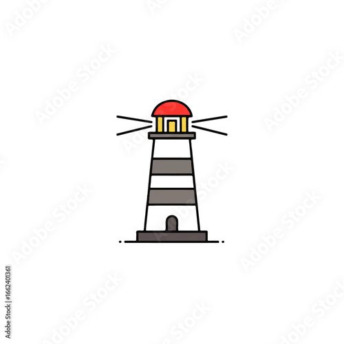 Stylized striped lighthouse icon with a red top emitting light beams.