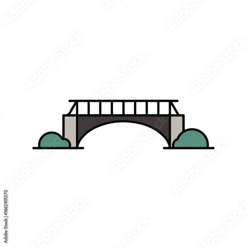 Stylized singlearch bridge icon with grey stone structure and teal bushes.