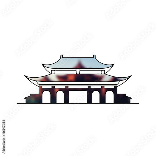 Stylized watercolor illustration of a traditional Asian temple gate with tiered curved roofs and arched entrances.