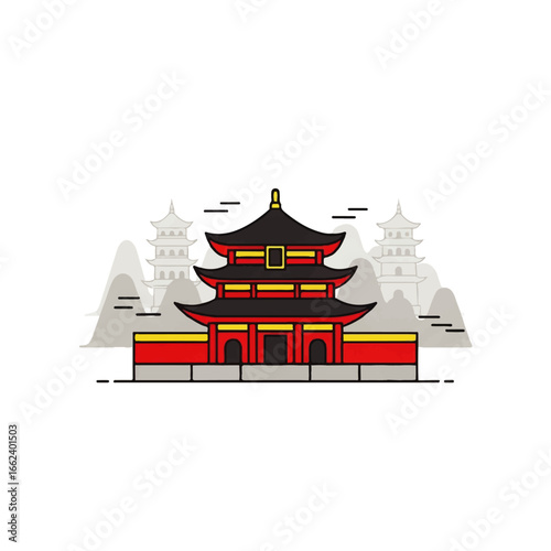 Traditional Asian pagoda with red walls black tiered roofs and yellow trim.
