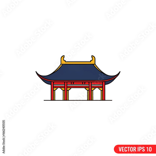 Traditional Chinese pavilion icon with a blue curved roof red pillars and yellow accents.