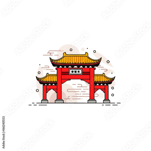 Traditional red Chinese paifang gate with yellow tiled roofs a flat line art illustration.