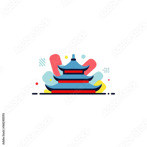 Vibrant flat illustration of a traditional blue and red Asian pagoda with three tiers and curved eaves.