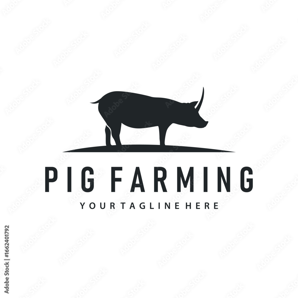 Fototapeta premium Pig logo concept design black silhouette of pig farm with simple pig animal illustration product brand design template and also farming symbol
