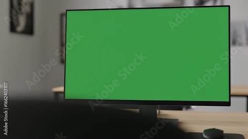 Green screen of computer monitor set on working space in cozy office, Slide shot