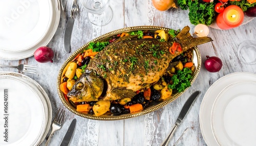 Roasted carp with vegetables on a platter, surrounded by tableware