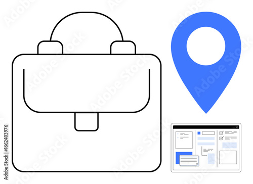 Black briefcase, blue map pin for location, digital webpage design. Ideal for business, navigation, work, travel, digital tools organization simplicity. Clean modern flat metaphor