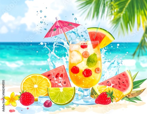 Tropical fruit cocktail drink on beach