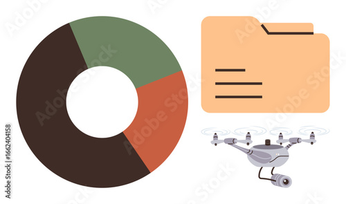 Pie chart, file folder, and drone with camera representing data collection, analysis, and storage. Ideal for analytics, technology, research, surveillance digital storage futuristic concepts