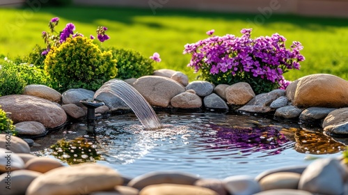Small garden pond with fountain and flowers