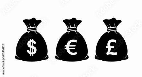 Vector illustration of money bags with currency icons as an icon