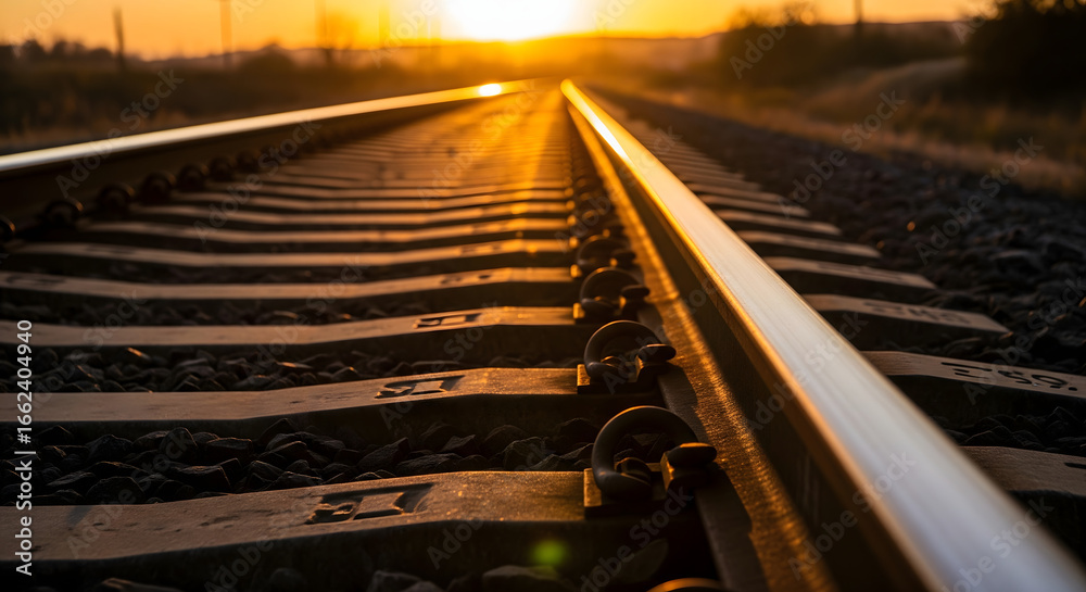 Obraz premium Sun-kissed railway lines vanishing into the distant sunset, symbolizing new beginnings
