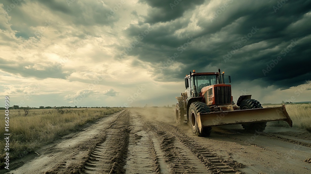 Fototapeta premium Tractor working on a farm road, creating dust under a dramatic sky filled with dark storm clouds, conveying a sense of hard work and dedication
