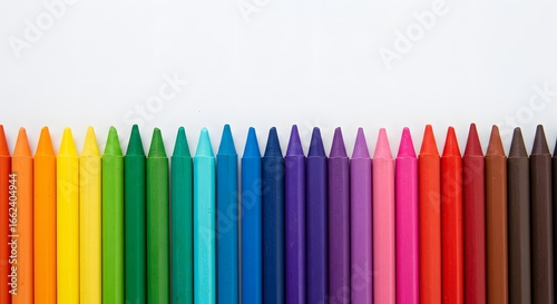 A Vibrant Collection of Colored Crayons Arranged in a Perfectly Symmetrical Line Displaying an Array of Colors