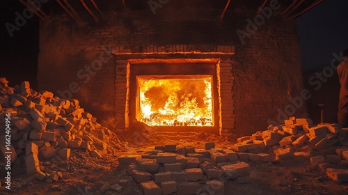 Intense heat and flames engulf a brick kiln, illuminating the night