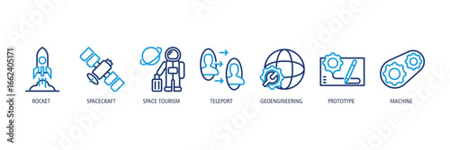Space Exploration Outline duotone Icons Web Banner – Rocket, Spacecraft, Space Tourism, Teleport, Geoengineering, Prototype, Machine