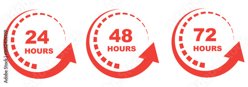 Set of 12, 24, 48 and 72 hour clocks with arrows on white background. Vector work time effect or delivery service time icon