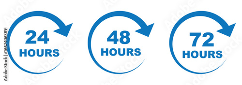 12, 24, 48, 72 hours clock arrow. symbol work time, delivery and service time. 12, 24, 48 and 72 hours clock arrow. Delivery and service time. Vector Illustration.