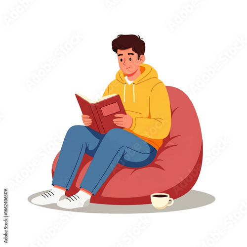 A young man, relaxed and content, enjoys reading a book while seated in a comfortable beanbag chair, a cup of coffee resting nearby.