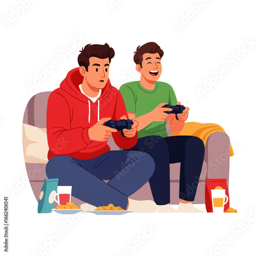 Two young men intensely play video games on a couch, one focused and serious, the other laughing, enjoying snacks and a fun gaming session.