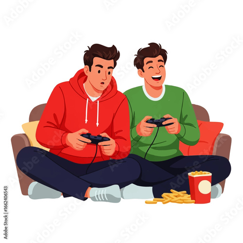 Two young men play video games together on a couch, one looking surprised, the other laughing, enjoying snacks and a fun gaming session.