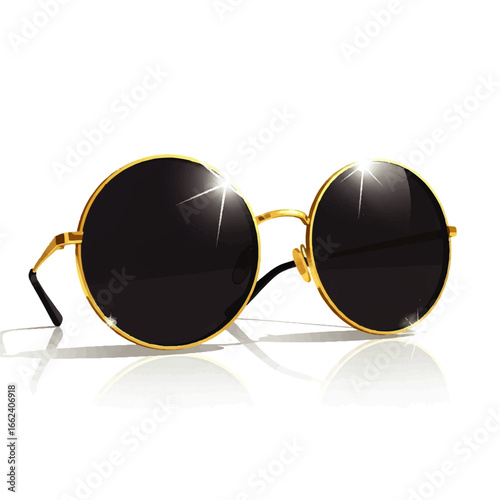 Stylish gold-framed round sunglasses with black lenses rest on a reflective white surface, exuding a cool and sophisticated vibe.
