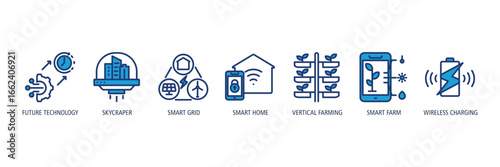 Smart City Outline blue Icons Web Banner – Future Technology, Skyscraper, Smart Grid, Smart Home, Vertical Farming, Smart Farm, Wireless Charging