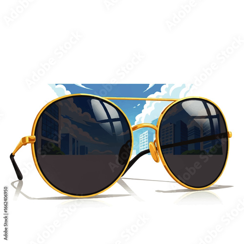 Gold-framed round sunglasses reflect a cityscape under a bright summer sky, evoking a feeling of carefree urban cool.