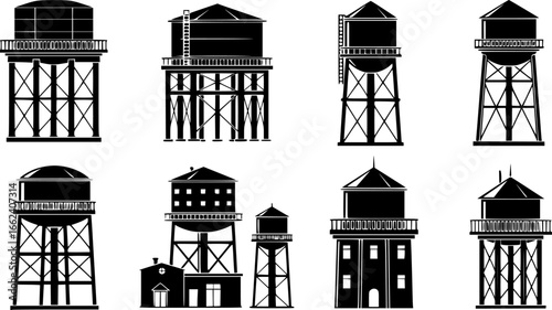 Various designs of water towers showcasing traditional structures in black and white style