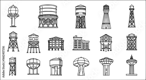 Various designs of water towers showcasing traditional structures in black and white style