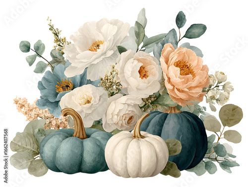 Watercolor floral pumpkin illustration, fall bouquets . Pastel pumpkins and flower arrangements in rustic style.