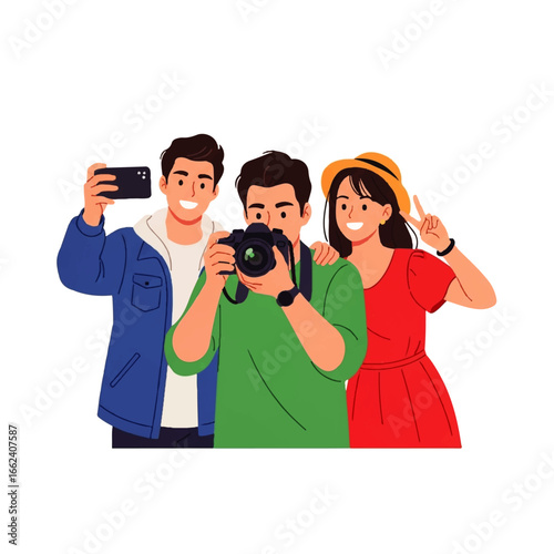 Three happy friends pose for photos, one taking a picture with a DSLR camera while another takes a selfie with a smartphone, creating a joyful travel memory.